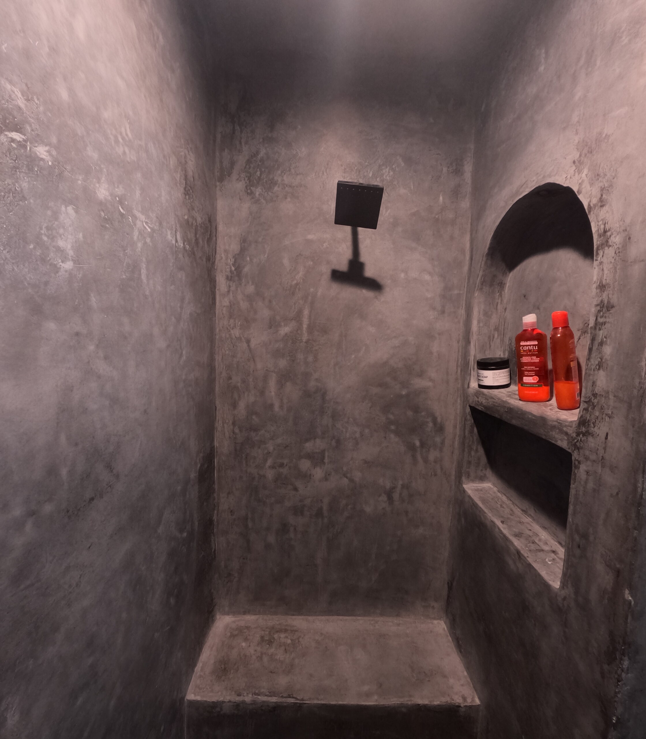 Seamless tadelakt shower with an arched niche and a bench, with no tile or grout lines